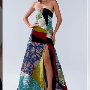 ISO AKIRA Strapless Patchwork Maxi Dress in Navy, Emerald & Burgundy